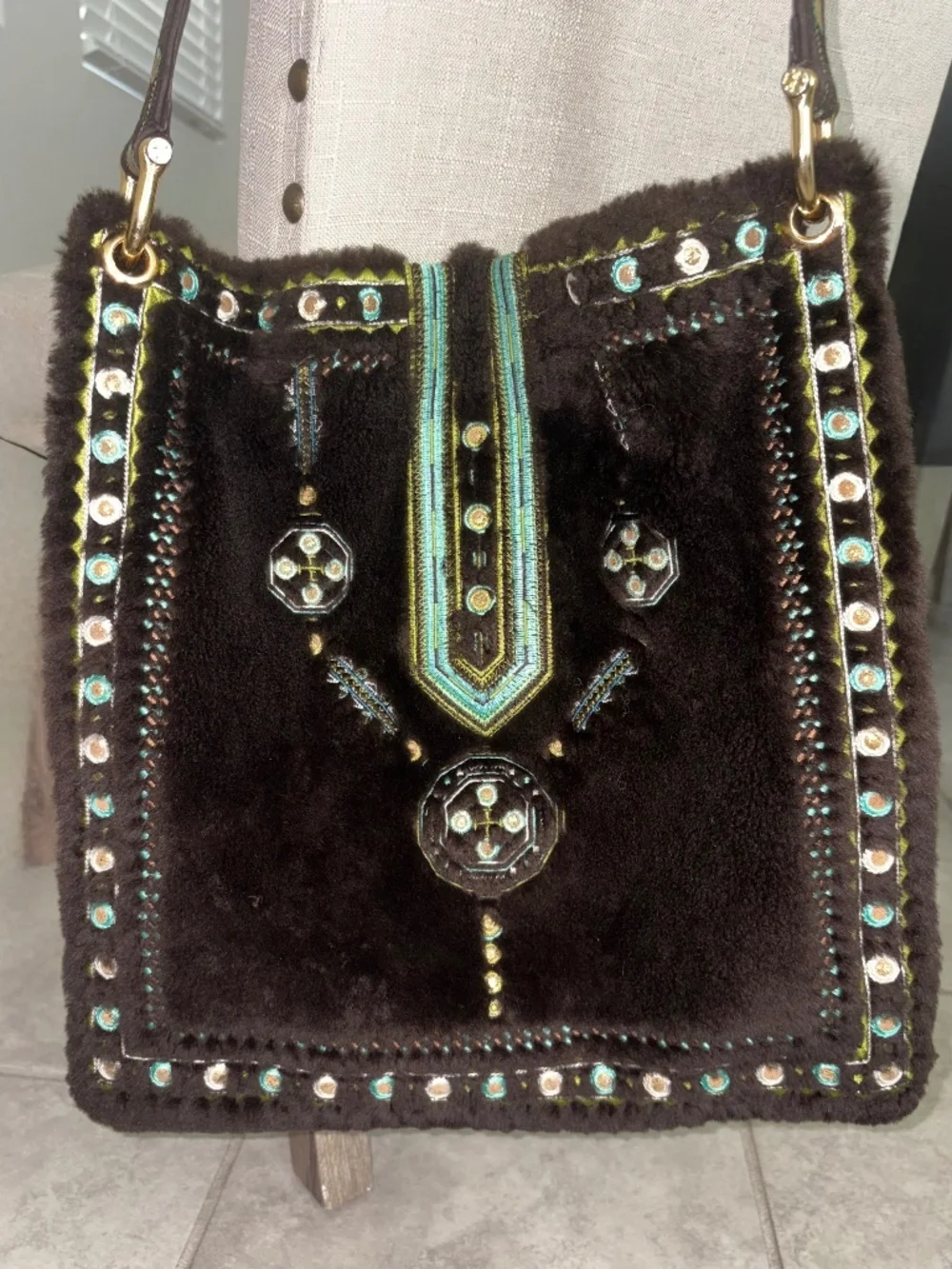 VINTAGE TORY BURCH Brown Sheepskin Shoulder Crossbody Embroidered Geometric Bag
